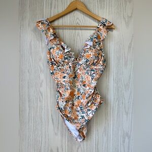 Cupshe Floral Plunge Ruffled Tummy Control One-Piece Swimsuit Size L NWT
